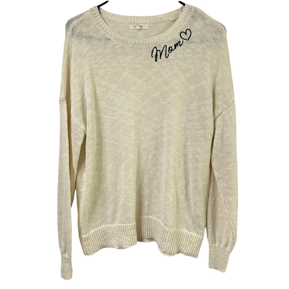 Mom Embroidered Knit Sweater Cozy Crew Neck Ivory Women's Medium Loungewear Gift